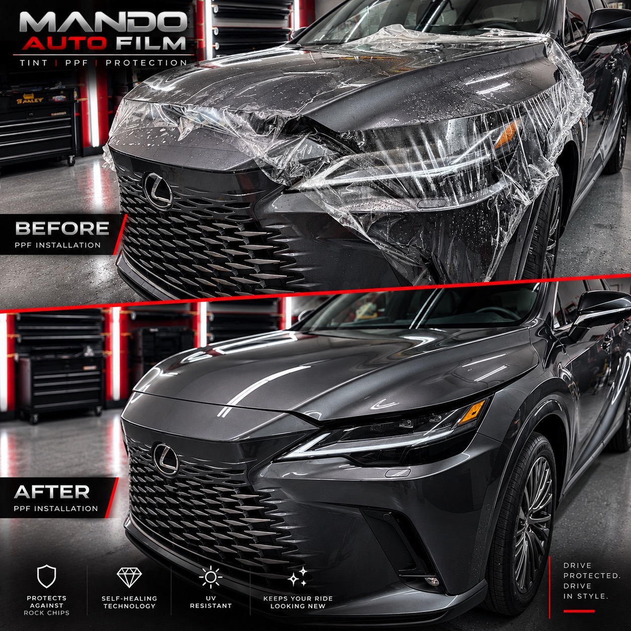 Before and after paint protection film installation on a Lexus, Mando Auto Film, Las Vegas