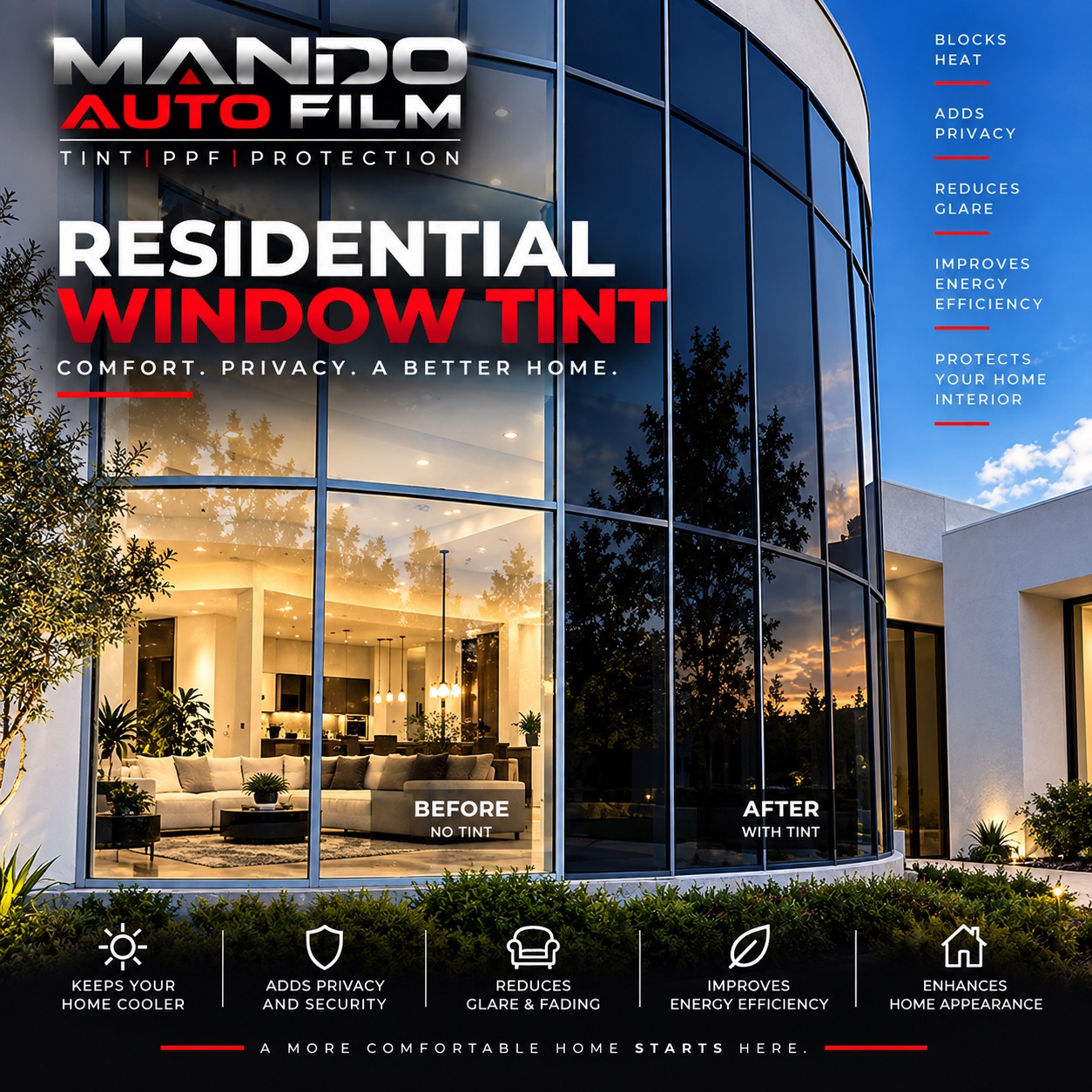 Residential window tint before and after, Mando Auto Film, Las Vegas