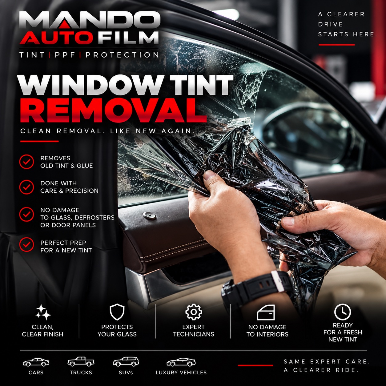 Old window tint removal from a vehicle, Mando Auto Film, Las Vegas