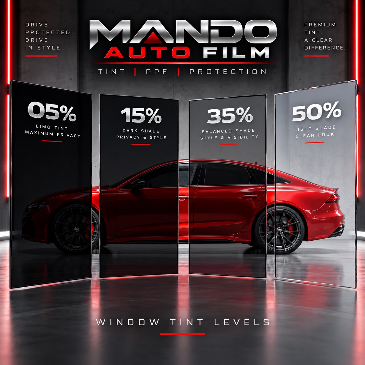 Window tint shade comparison chart showing 5%, 15%, 35% and 50% VLT levels, Mando Auto Film, Las Vegas